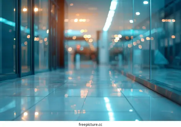 Modern empty illuminated corridor interior with glass walls and tiled floor