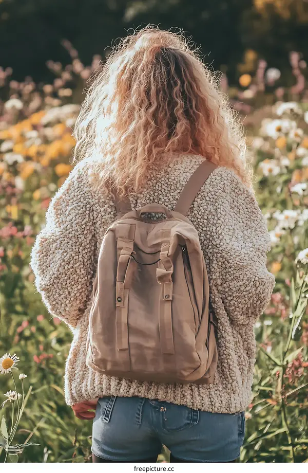 Woman with Backpack in a Field of Flowers
