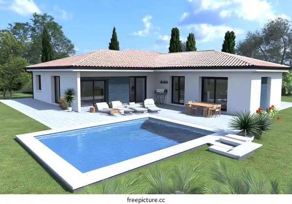 Modern House With Swimming Pool In Backyard