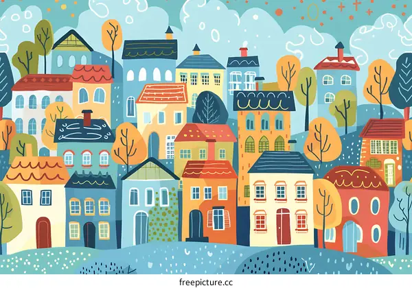 Colorful Illustration of a Small Town With Houses