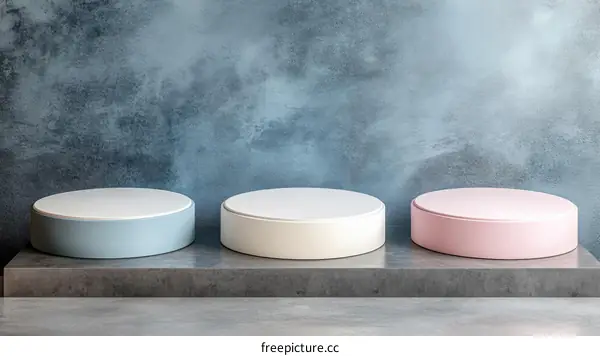 Three Pastel Colored Round Pedestals on Concrete Surface