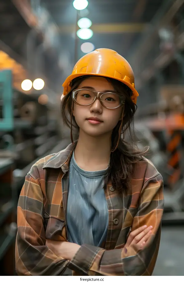 Portrait of Young Female Engineer in Hardhat and Safety Glasses