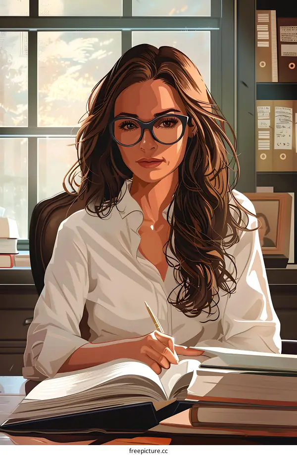 Beautiful Woman with Glasses Writing in a Book