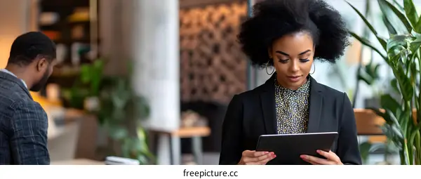 African American Businesswoman Using Digital Tablet in Modern Office