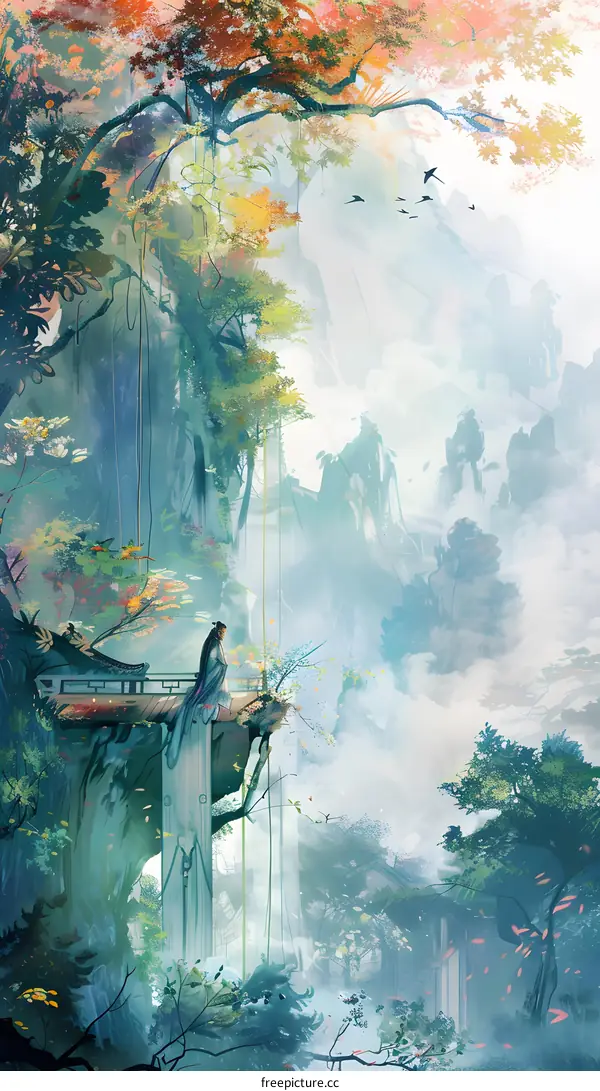 Woman in Blue Dress Standing on a Cliffside Platform with a View of Mountains and Fog