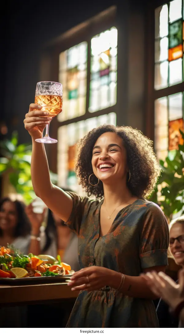 Laughing woman toasting with glass of champagne at a party