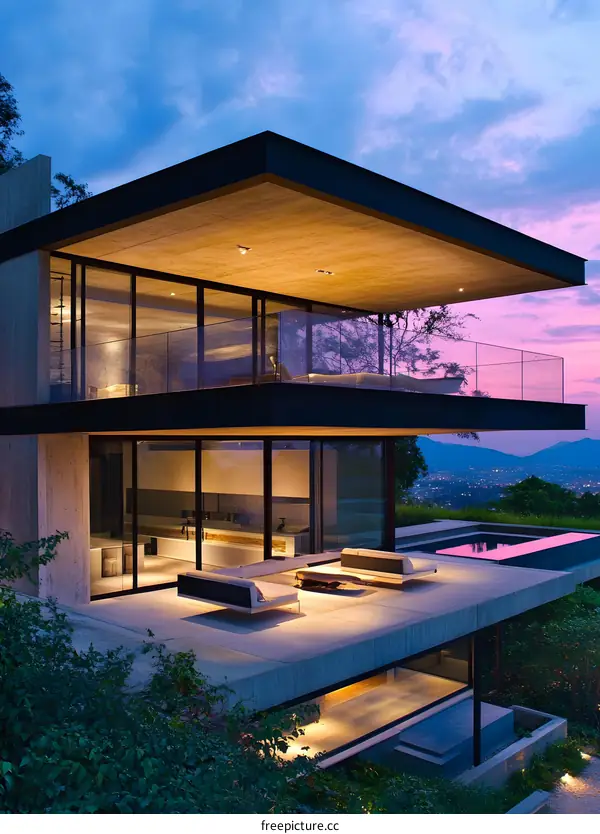 Modern Architecture Home with Outdoor Patio and Swimming Pool at Sunset