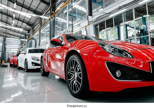 Red and White Cars in a Factory Setting