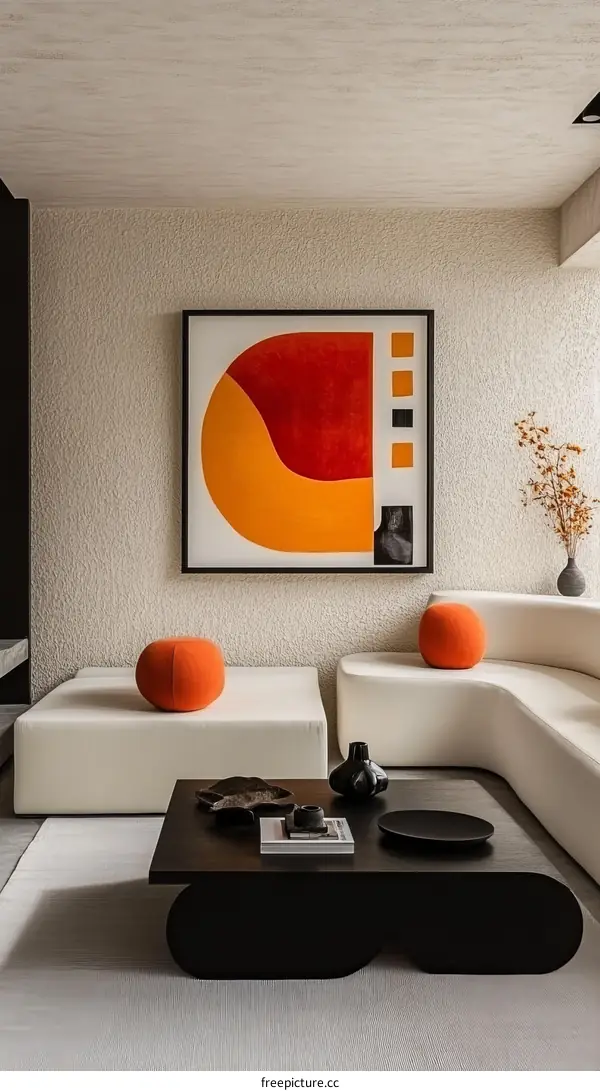 Modern Minimalist Living Room Interior Design with Orange and Orange Art