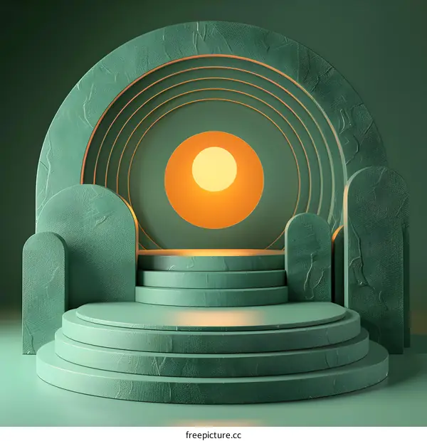 3D rendering of a green podium with a glowing yellow sphere in the background
