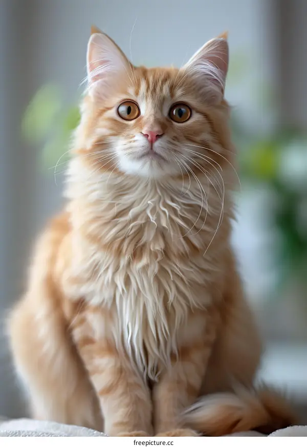 A ginger cat is sitting on a white cloth and looking at the camera