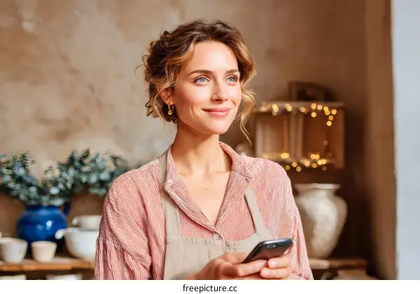 Woman using smartphone in a cozy studio