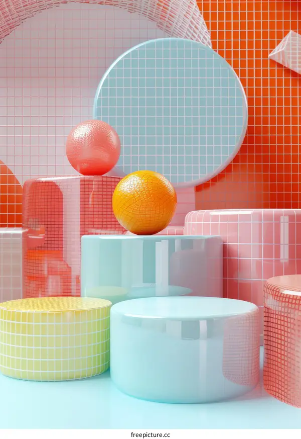 3D rendering of geometric shapes with balls on podiums