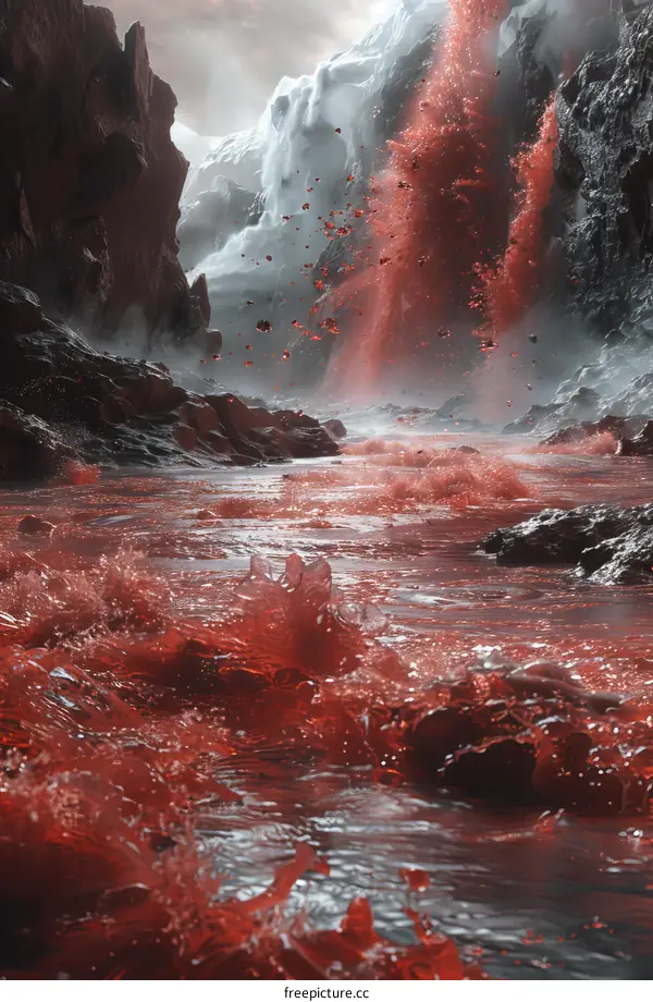 A river of blood flows through a rocky canyon