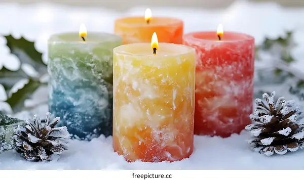 Colorful winter candles in the snow