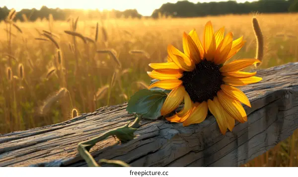 A sunflower on a wooden fence with a field of wheat in the background