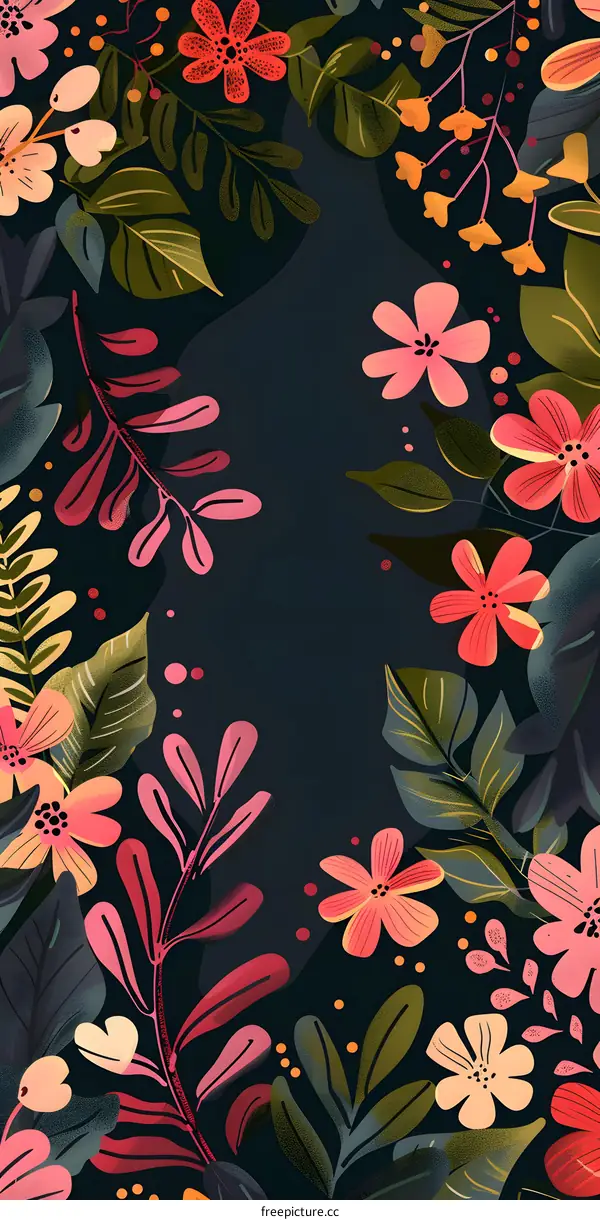 Dark Background Floral Pattern With Pink And Red Flowers