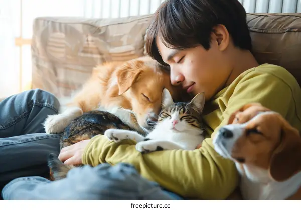 A young man is sleeping on the couch with his cat and two dogs.