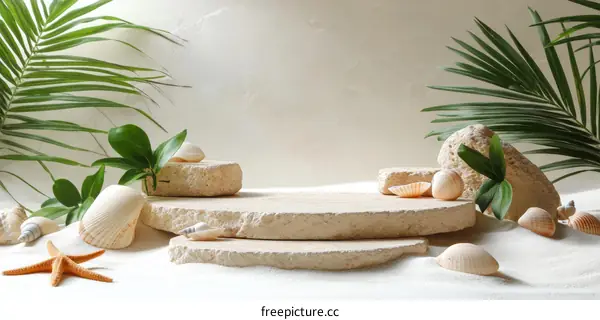 Beige Stone Display with Shells and Plants