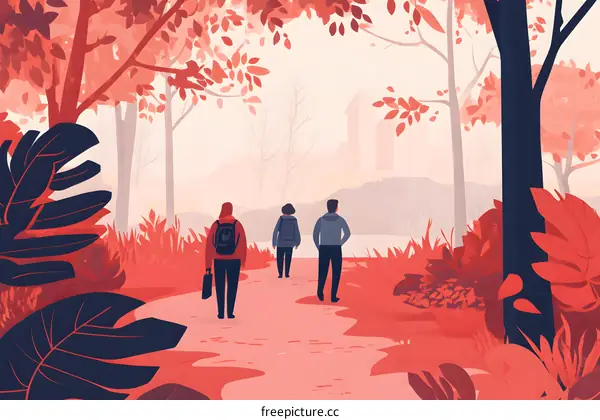Three People Walking on Path in Red Forest Illustration
