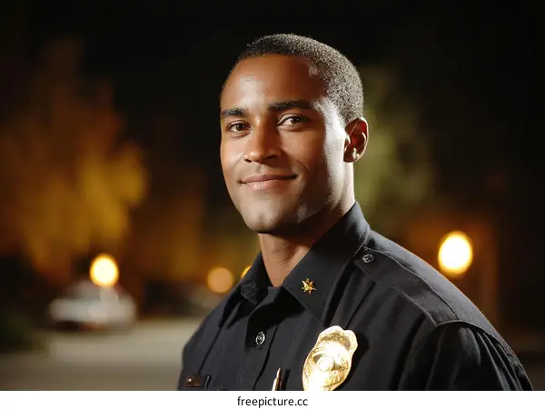 Portrait of a Black Police Officer at Night