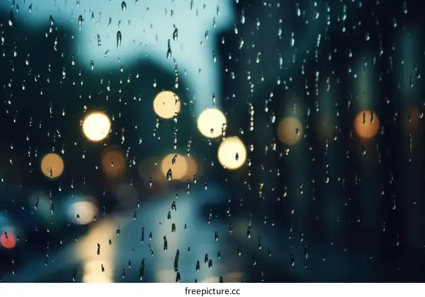 Raindrops on a window with city lights in the background