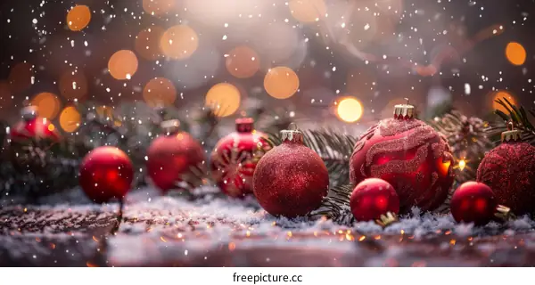Red and Gold Christmas Ornaments on a Snowy Table