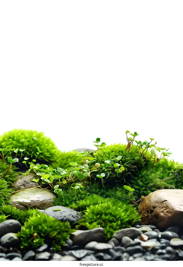 Green Moss and Rocks on White Background