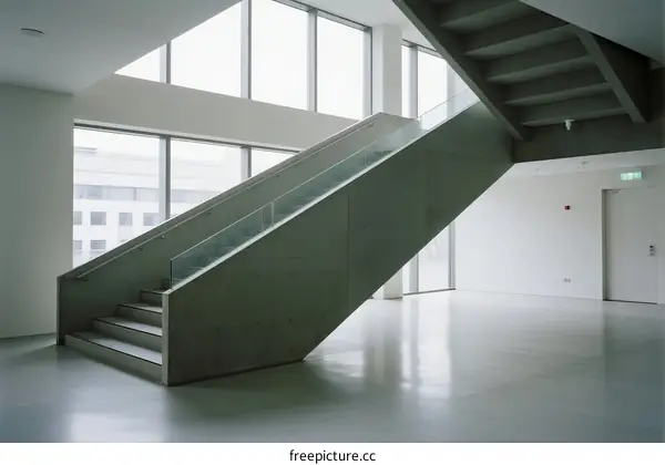 Modern Interior Space with Concrete Staircase and Large Windows