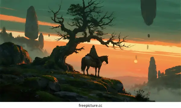 A lone rider under a gnarled tree at sunset in a fantasy landscape