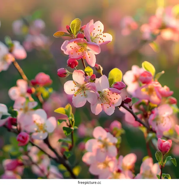 Close-up image of pink and white crabapple blossoms in spring
