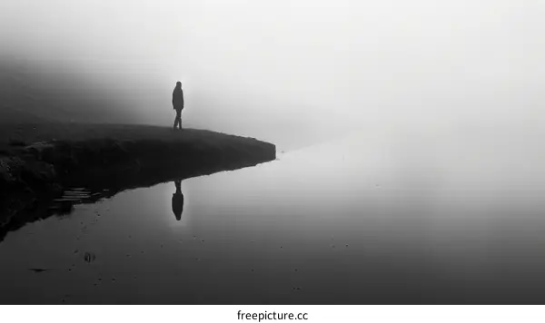 Lonely Man Silhouette in a Mysterious Foggy Lake Landscape
