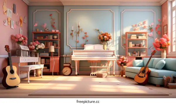 A beautiful living room with a piano, guitar, and flowers