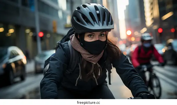 Cyclist wearing a helmet and mask rides in the city