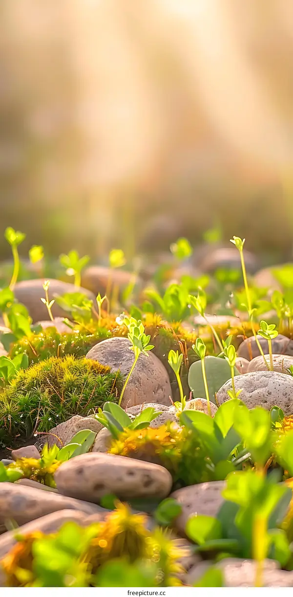 Green Plant Sprouting from Rocks in Soft Sunlight