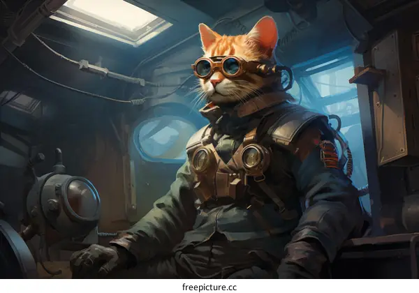 A cat wearing steampunk goggles sits in a tank
