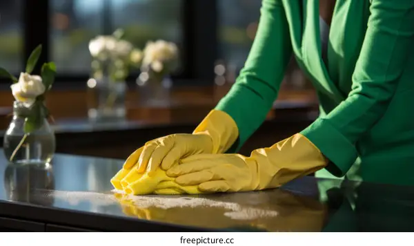 Caucasian woman in green suit jacket and yellow rubber gloves cleaning counter with rag