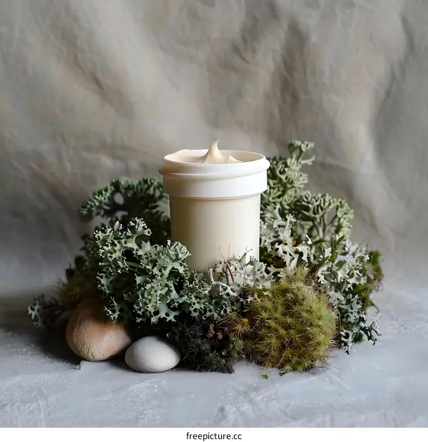 Natural Skincare Cream Jar With Moss And Stones