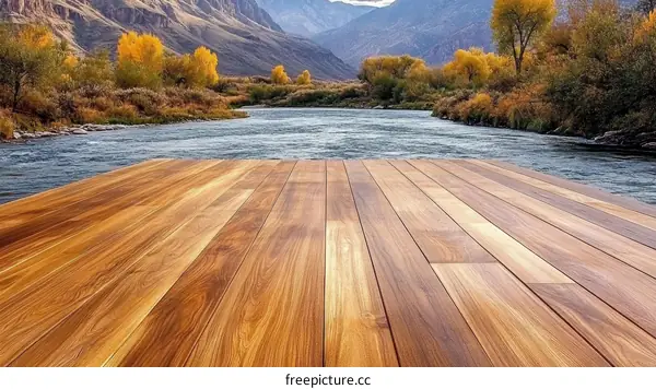 Wooden Dock with River and Mountain View