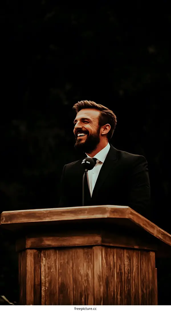 Man in Suit Giving a Speech at a Podium with Microphone