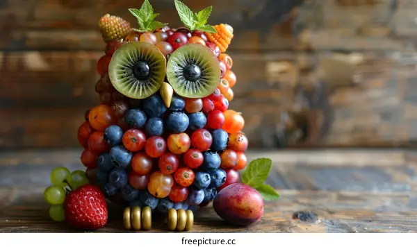 A Cute Owl Made of Berries and Fruits