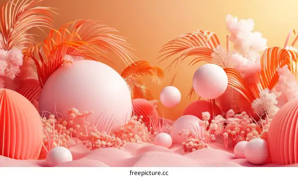 Pink surreal landscape with spheres and plants