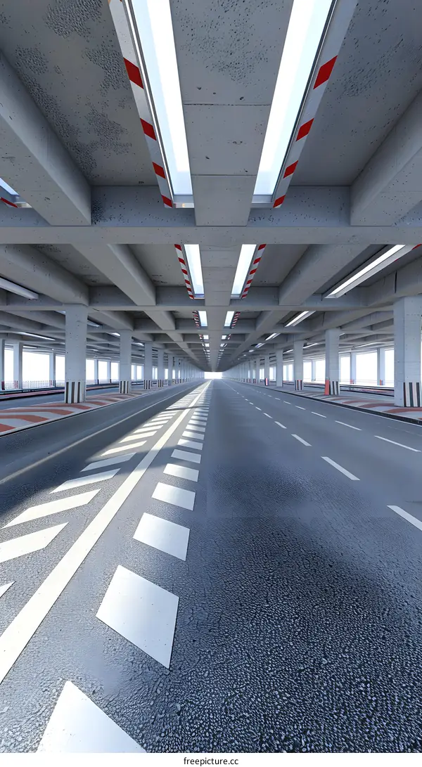 Concrete Underpass Roadway with White and Red Stripes