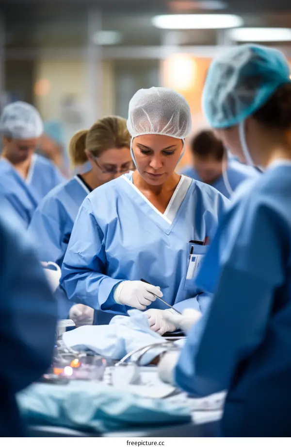 A group of surgeons in blue scrubs perform an operation in a hospital operating room