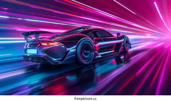 The purple and blue sports car is driving fast on the colorful light track