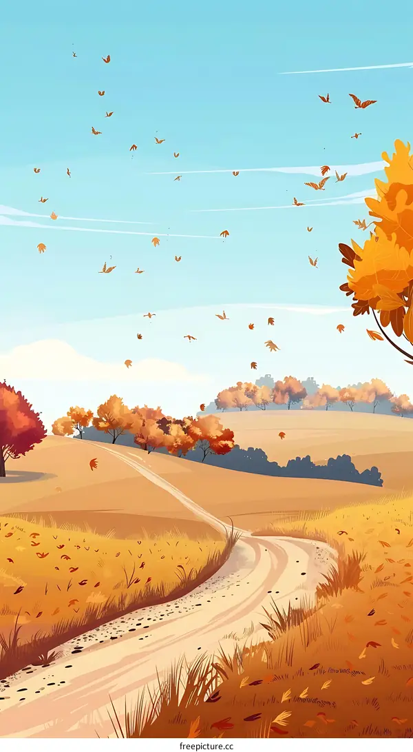 Autumn Landscape With Falling Leaves And Road