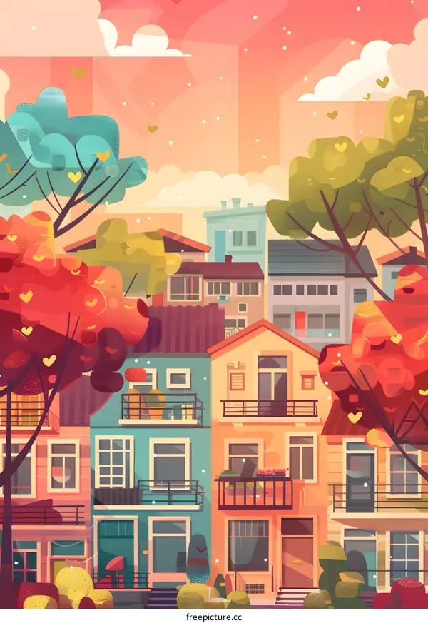 Colorful Illustration of a Town with Houses and Trees