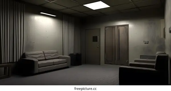 Empty Room with Two Couches and Two Chairs in a Minimalist Style