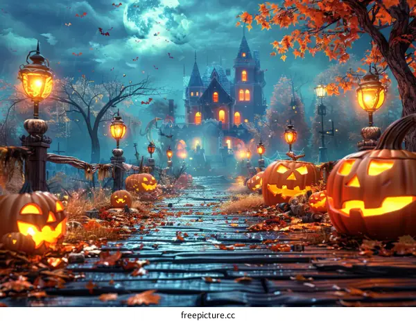 Spooky Halloween Jack-O-Lanterns at a Castle Under Moonlight