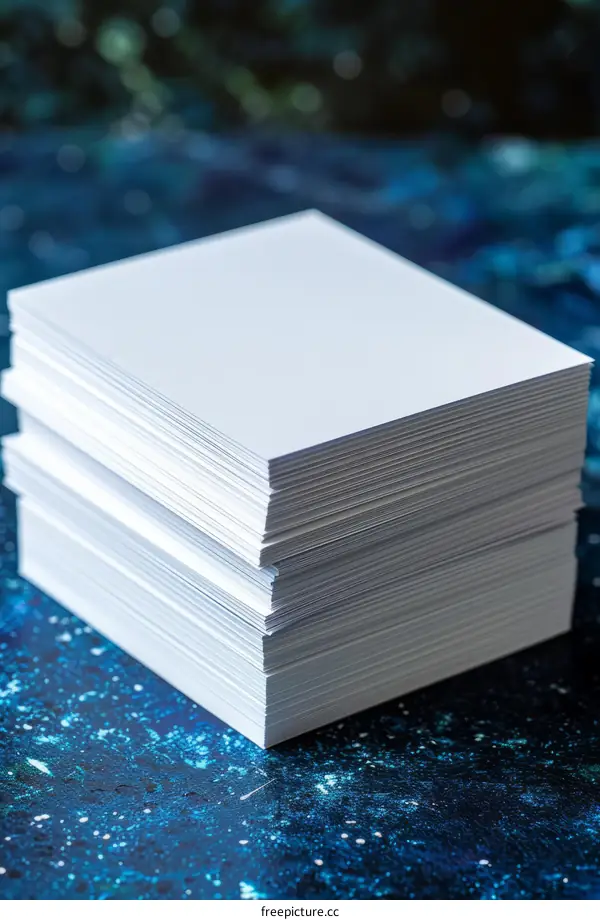 Stack of Blank White Notepads on a Textured Blue Surface